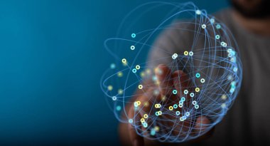 Eldeki bağlı dijital ağ, küresel teknoloji ve yenilik kavramı