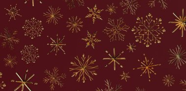 Burgundy Christmas arka planında zarif altın kar taneleri