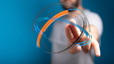 Dijital küreye dokunan adam, küresel bağlantı, modern teknoloji kavramı