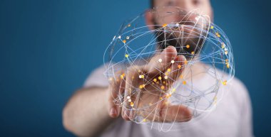 Küresel ağ bağlantısını temsil eden dijital küreye dokunan adam