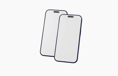 Boş ekranlı iki modern akıllı telefon beyaz arkaplanda izole edilmiş.