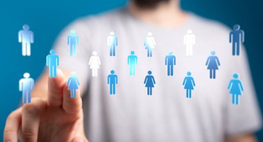 Bağlantı ve ağ kurma kavramını temsil eden dijital insan simgelerine dokunan adam