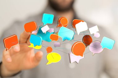 İnsan yüzen renkli konuşma baloncukları konseptiyle etkileşime geçiyor