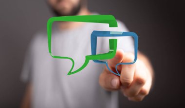 Canlı sohbet baloncuklarına işaret eden adam, iletişim konsepti