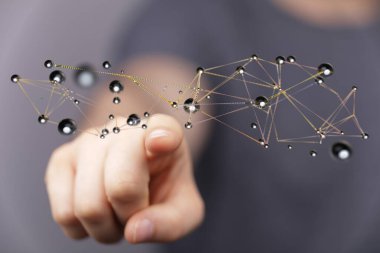 İnsan eli bağlı ağ düğümlerine işaret ediyor teknoloji kavramı