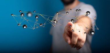 İnsanın eli kavramsal tasarım ile bağlı dijital ağa dokunuyor