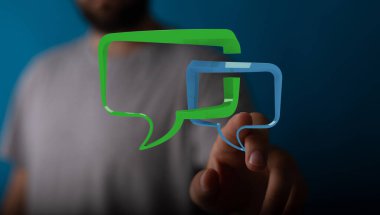 Sohbet baloncuklarına dokunan adam: iletişim, bağlantı konsepti