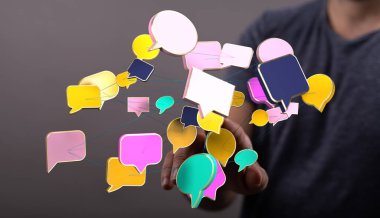 Arka plandaki elle bağlı yüzen konuşma baloncukları