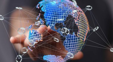 Global Ağ Bağlantısı: Dijital Dünya Haritasıyla El Etkileşimi