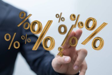 Kişi Eli ve İş Konseptinde Yüzen Altın Yüzdelik Semboller