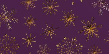 Mor zemin üzerinde zarif altın kar taneleri, kış mevsimi sanatı