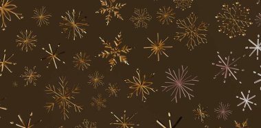 Kahverengi arka planda soyut altın kar taneleri bayram mevsiminde