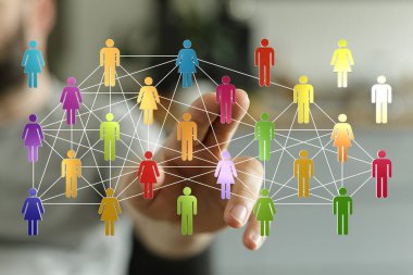 Bağlı dijital dünya konsepti, elle dokunulan insan ağı.