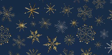 Donanmanın mavi arka planında zarif altın kar taneleri, kış Noel 'i