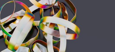 Soyut yanardöner kurdeleler koyu arkaplanda birbirine dolanmış.