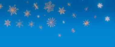 Parlak mavi gökyüzüne yavaşça düşen kar tanelerinin güzel bir görüntüsü, şenlikli ve zarif bir kış atmosferi yaratıyor..