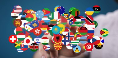 Dünya birliği ve bağlantısını temsil eden dairelerde küresel bayraklar