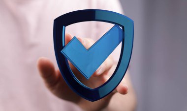 Güvenlik damgası konseptiyle el ele tutuşan kalkan