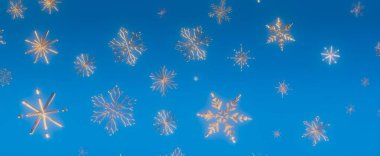 Parlak, altın ve gümüş kar tanelerinin parlak mavi gökyüzüne dağıldığı neşeli bir arka plan..