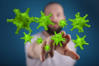 Yeşil virüslere dokunan adam, enfeksiyon konsepti veya odak noktasındaki hastalık