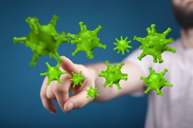 Yeşil virüs hücrelerine dokunmak, mavi zemin üzerinde virüs ve hastalık kavramı