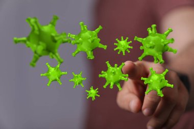 Koronavirüs hücrelerinin kavramsal çizimi, dokunmak ve belirtmek.