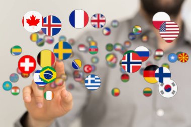 Dünya bayrakları ve küresel ağ kavramının dokunuşla birleştirilmesi