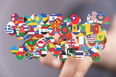 Küresel birliğin kavramsal görüntüsü ve bayraklarla uluslararası işbirliği