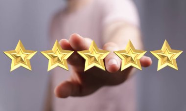 Beş altın yıldız teklif eden kişi, müşteri değerlendirme konsepti çizimi