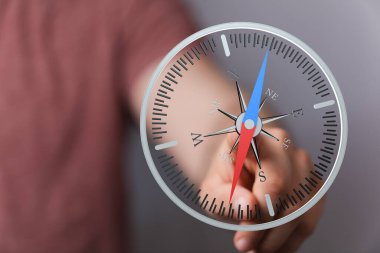 Bir el yön, yön ve rehberlik için pusula dokunur.