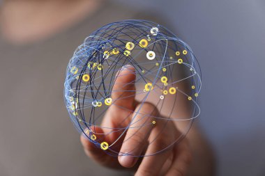 Genel ağ bağlantısı eli soyut dijital küreye dokunuyor