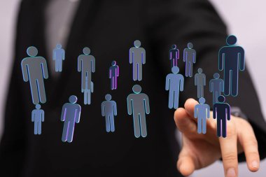 İşadamı eli 3D kişilere dokunuyor: takım çalışması, bağlantı, topluluk