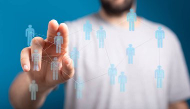 Mavi arkaplanda dijital sosyal ağ kavramı ile etkileşim