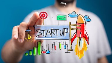 İşletme başarısını temsil eden roketli el dokunması başlangıç konsepti.