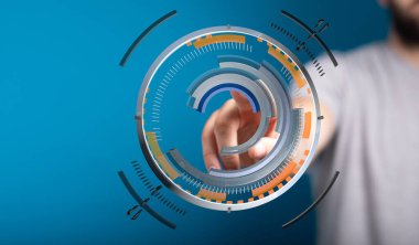 Dijital teknoloji arayüzüne dokunan adam geleceksel tasarım konsepti