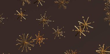 Kahverengi arka planda altın kar taneleri, soyut Noel süslemeleri