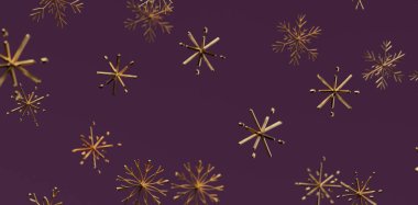 Zengin mor arka planda süzülen Altın Noel kar taneleri