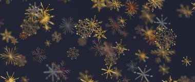 Koyu arkaplanda altın, bakır ve gri soyut kar taneleri deseni