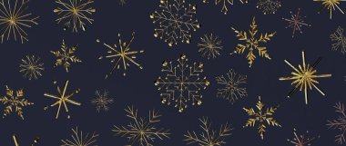 Koyu arka planda zarif altın kar taneleri, kış tatili süslemeleri..