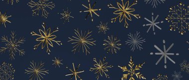 Şenlikli kış tasarımları için donanma arka planında zarif altın kar taneleri