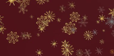 Burgundy arka planda yüzen zarif altın kar taneleri.