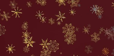 Kışın Koyu Kırmızı Arkaplanda Altın Kar Tanesi Kalıbı