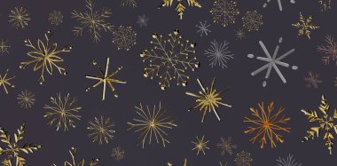 Koyu arka planda zarif altın kar taneleri deseni, kış tatili tasarımı