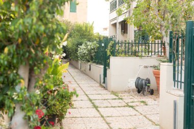 Asfaltlı bir yürüyüş yolu yemyeşil bahçeli bir avluya çıkar.