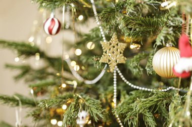 Süs ve ışıklarla süslenmiş Noel Ağacı 'nın yakın çekimi