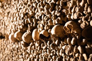 İnsan kafatasları ve kemiklerinden oluşan bir duvar ölümlülüğün bir kanıtı.