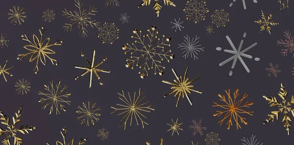 Koyu arka planda zarif altın kar taneleri deseni, kış tatili tasarımı