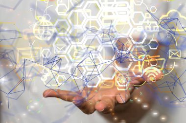 Karanlık arkaplanda noktalar olan soyut çizgiler. - Sinirsel ağ