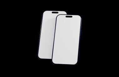 Siyah arkaplanda iki beyaz akıllı telefon, boş ekran modeli