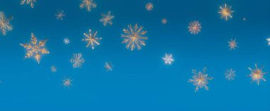 Mavi bir gökyüzüne düşen altın kar tanelerinin güzel soyut bir görüntüsü, tatil ya da kış teması için mükemmel..